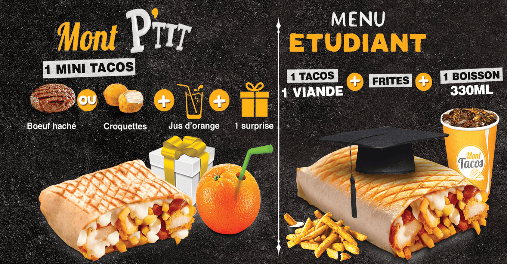 Promotions avec fond noir et photo de tacos francais, cadeau, orange, galette de boeuf, croquette, jus et frites